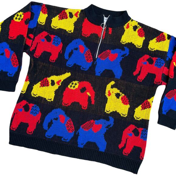 Extra Touch Elephant Mod Pop Art 3/4 Zip Sweater Sz 40 - Picture 3 of 9